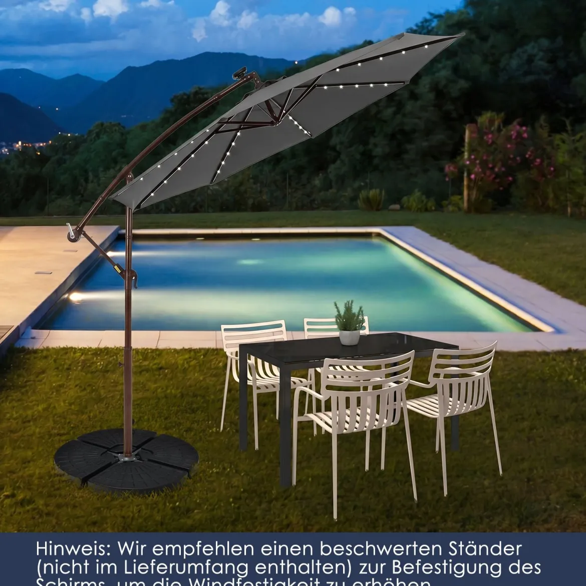 Sonnenschirm mit 40 Solar-LED-Leuchten & Kurbel Ampelschirm Gartenschirm Marktschirm