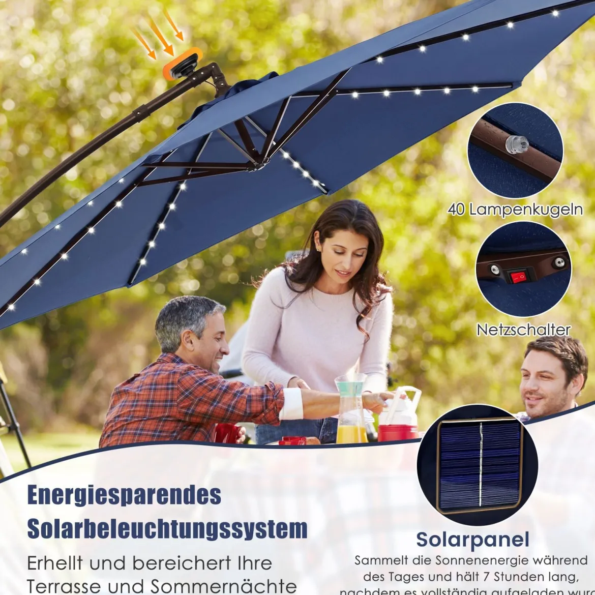 Sonnenschirm mit 40 Solar-LED-Leuchten & Kurbel Ampelschirm Gartenschirm Marktschirm