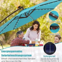 Sonnenschirm mit 40 Solar-LED-Leuchten & Kurbel Ampelschirm Gartenschirm Marktschirm