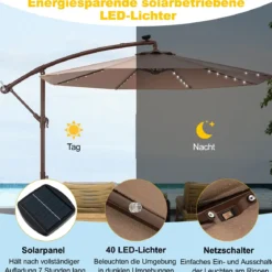 Sonnenschirm mit 40 Solar-LED-Leuchten & Kurbel Ampelschirm Gartenschirm Marktschirm