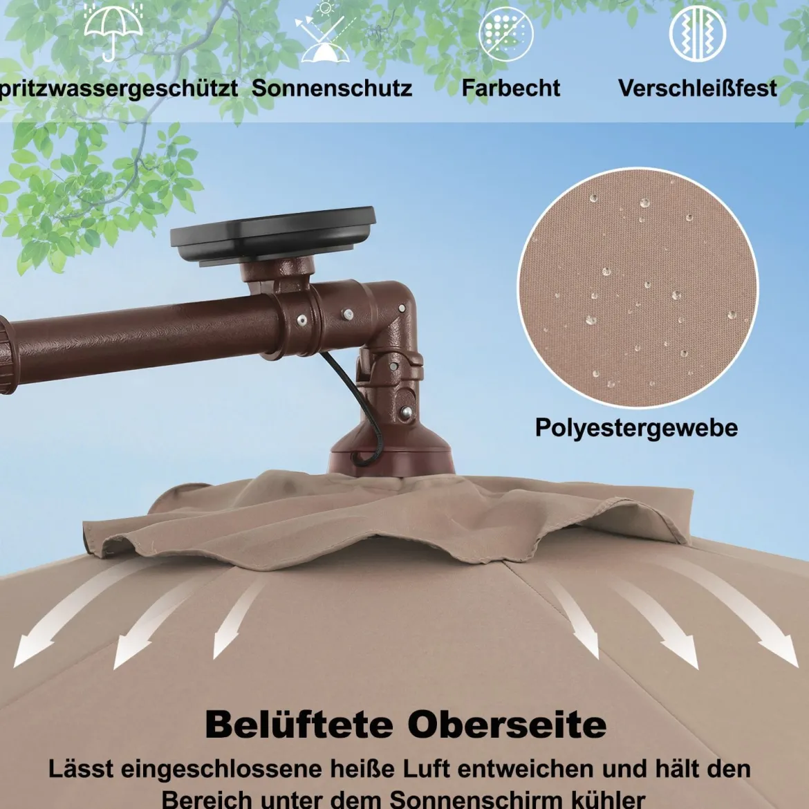 Sonnenschirm mit 40 Solar-LED-Leuchten & Kurbel Ampelschirm Gartenschirm Marktschirm