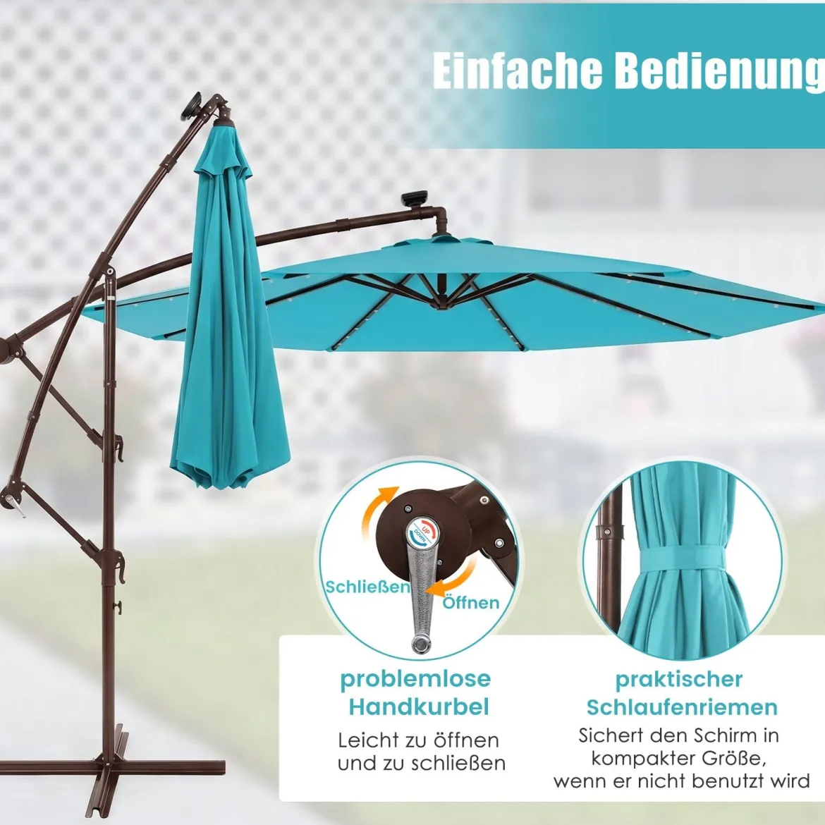 Sonnenschirm mit 40 Solar-LED-Leuchten & Kurbel Ampelschirm Gartenschirm Marktschirm