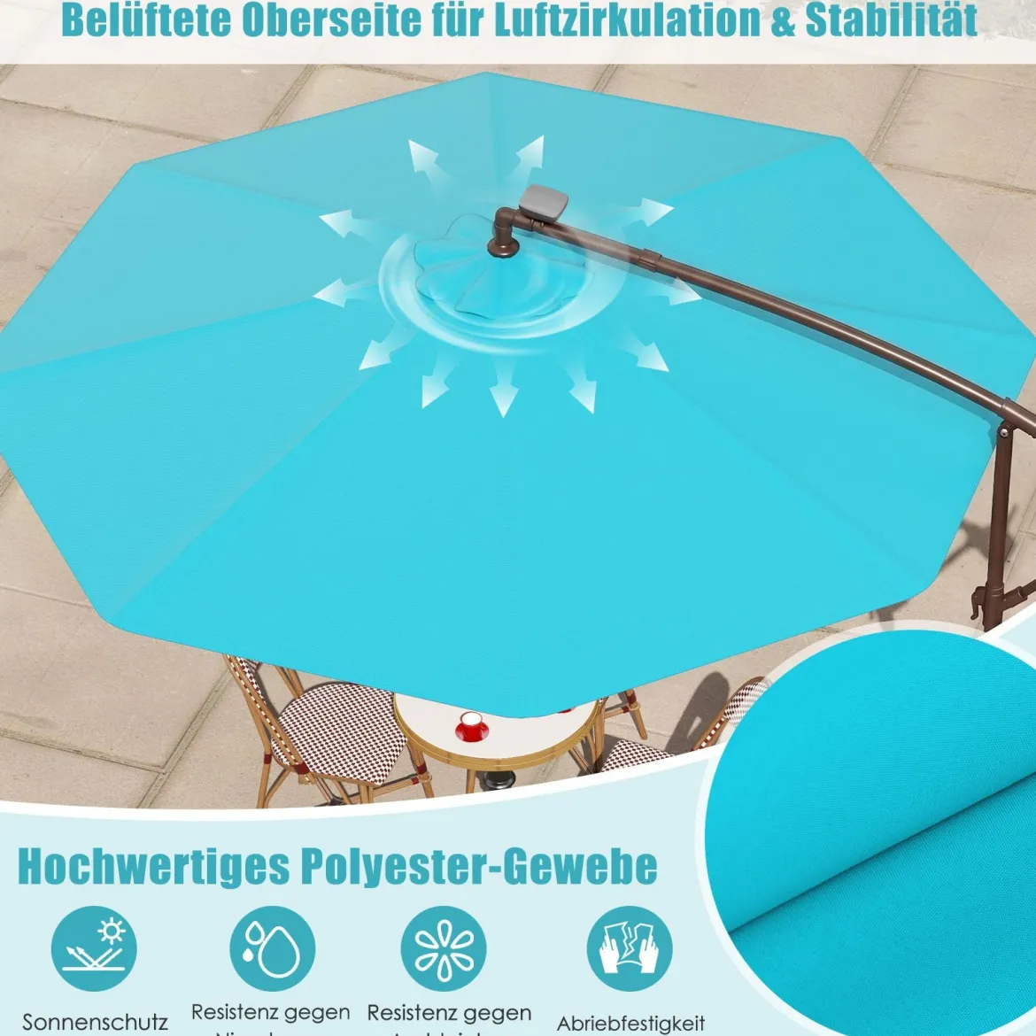 Sonnenschirm mit 40 Solar-LED-Leuchten & Kurbel Ampelschirm Gartenschirm Marktschirm