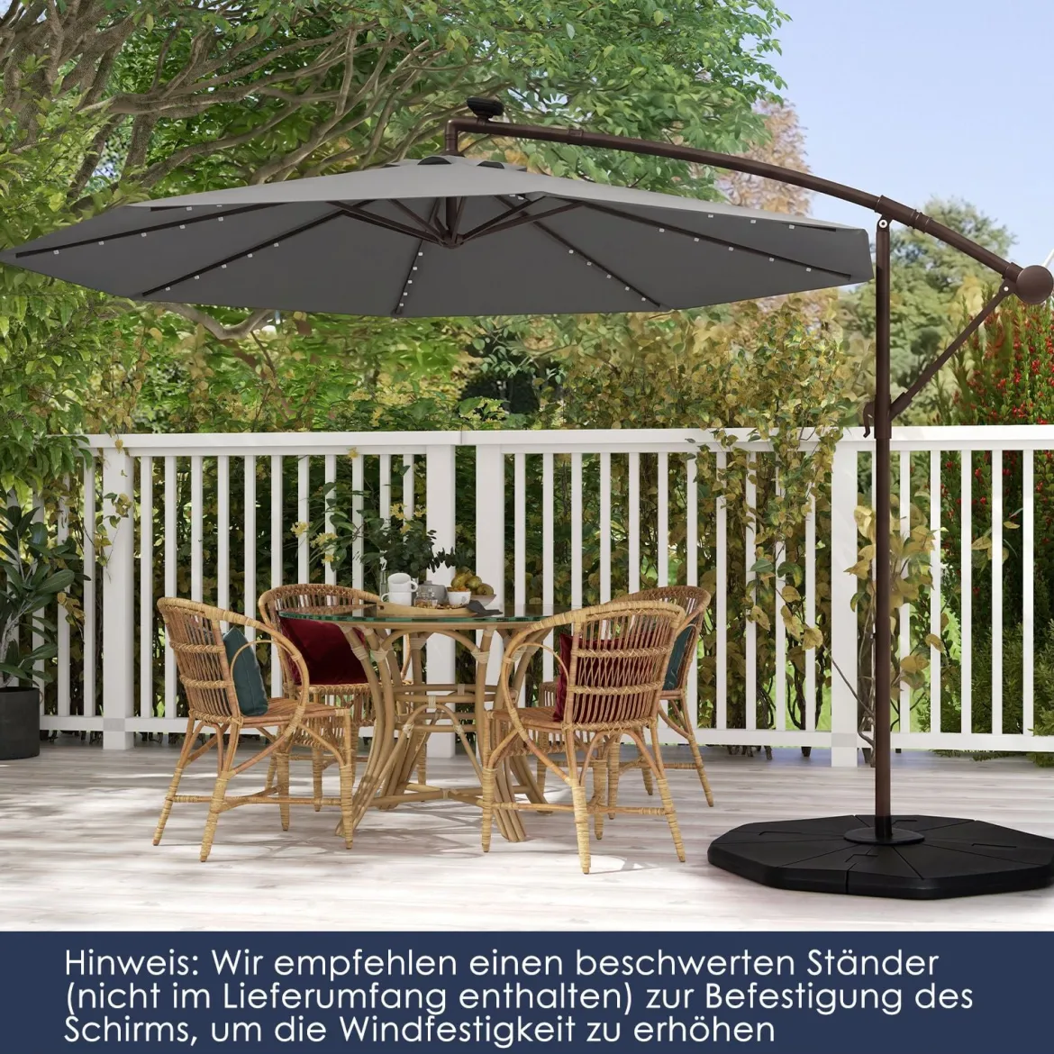 Sonnenschirm mit 40 Solar-LED-Leuchten & Kurbel Ampelschirm Gartenschirm Marktschirm