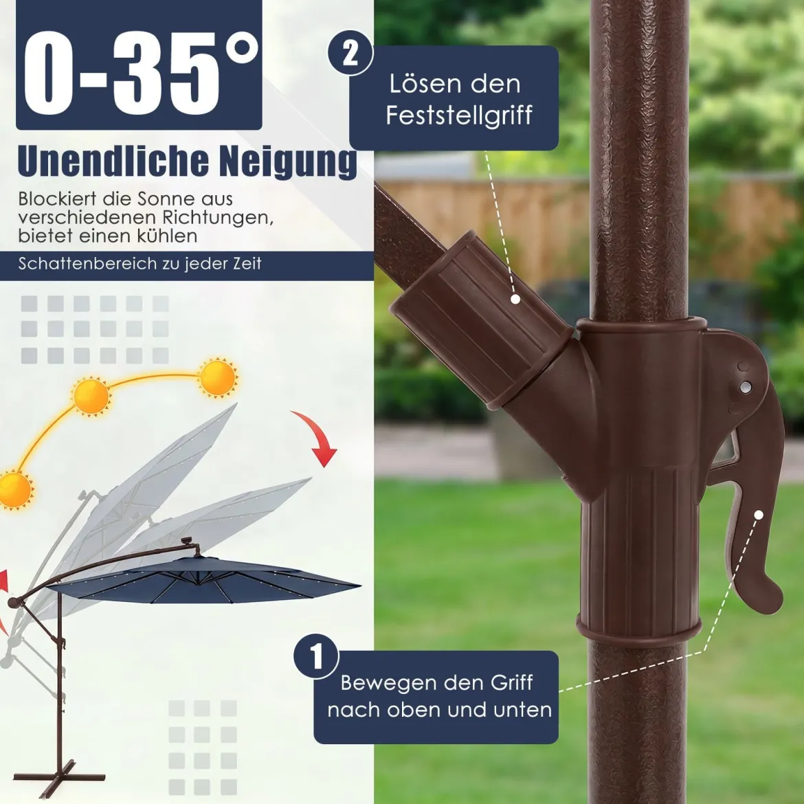 Sonnenschirm mit 40 Solar-LED-Leuchten & Kurbel Ampelschirm Gartenschirm Marktschirm