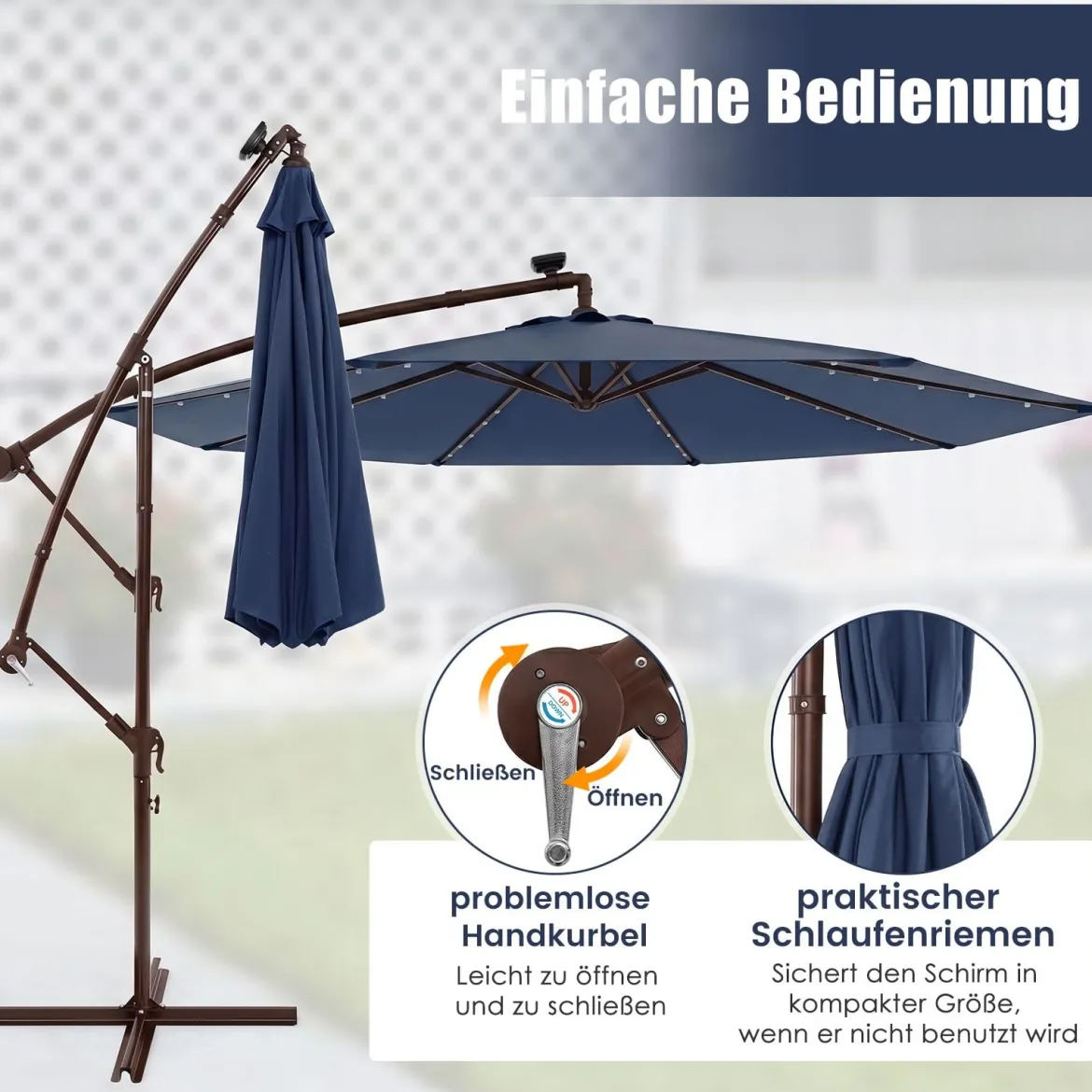 Sonnenschirm mit 40 Solar-LED-Leuchten & Kurbel Ampelschirm Gartenschirm Marktschirm