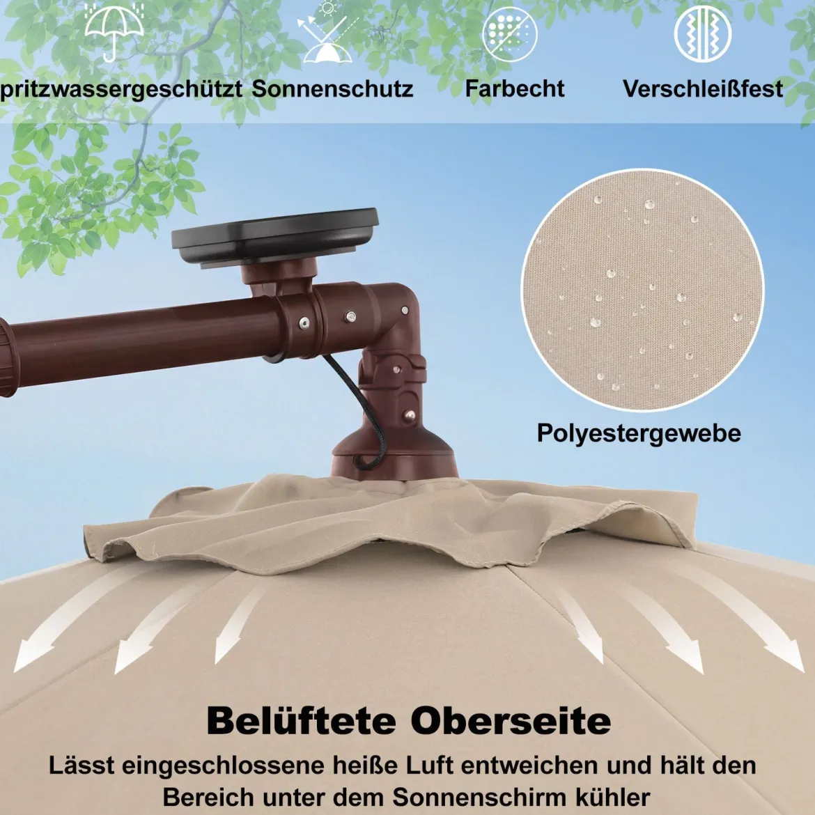 Sonnenschirm mit 40 Solar-LED-Leuchten & Kurbel Ampelschirm Gartenschirm Marktschirm