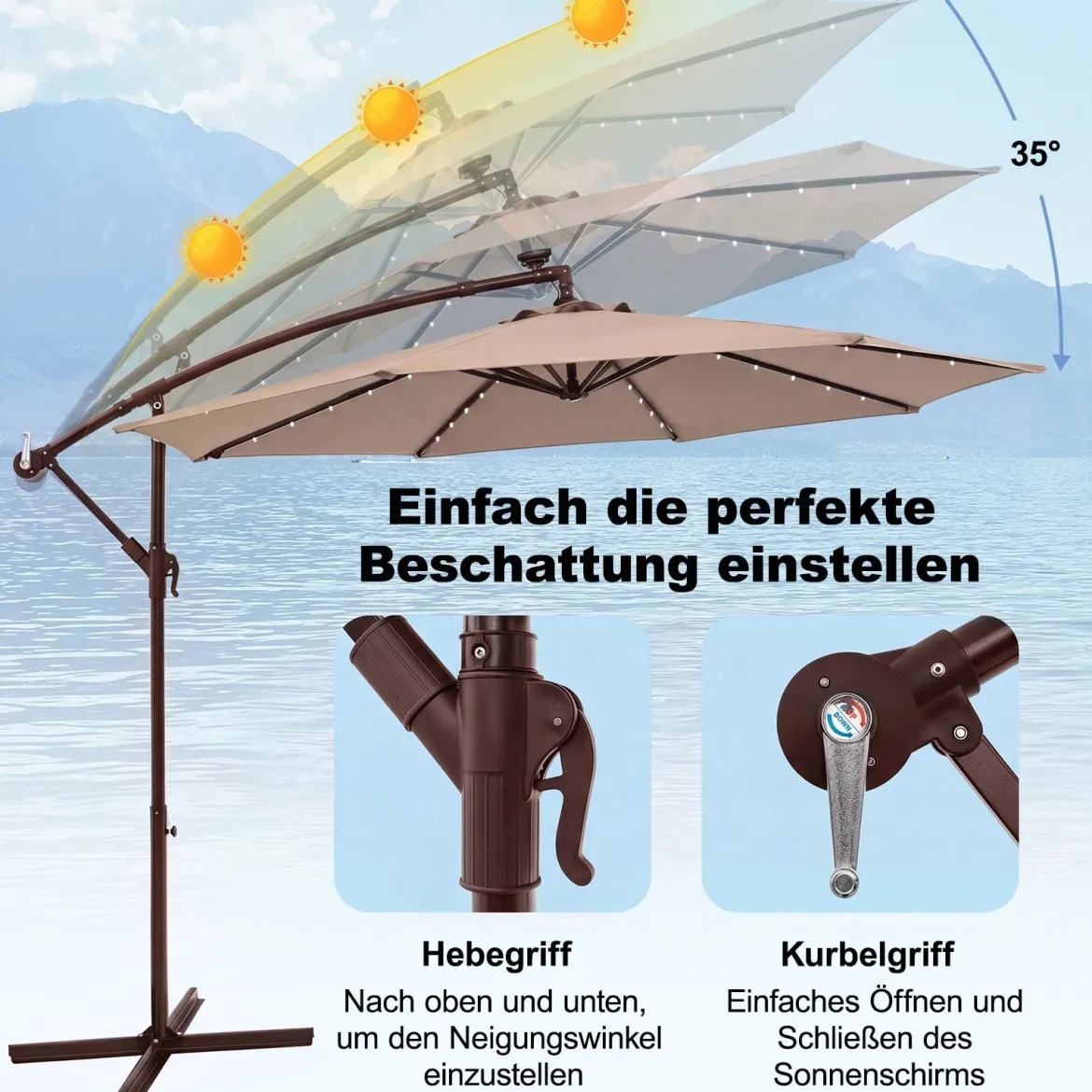 Sonnenschirm mit 40 Solar-LED-Leuchten & Kurbel Ampelschirm Gartenschirm Marktschirm