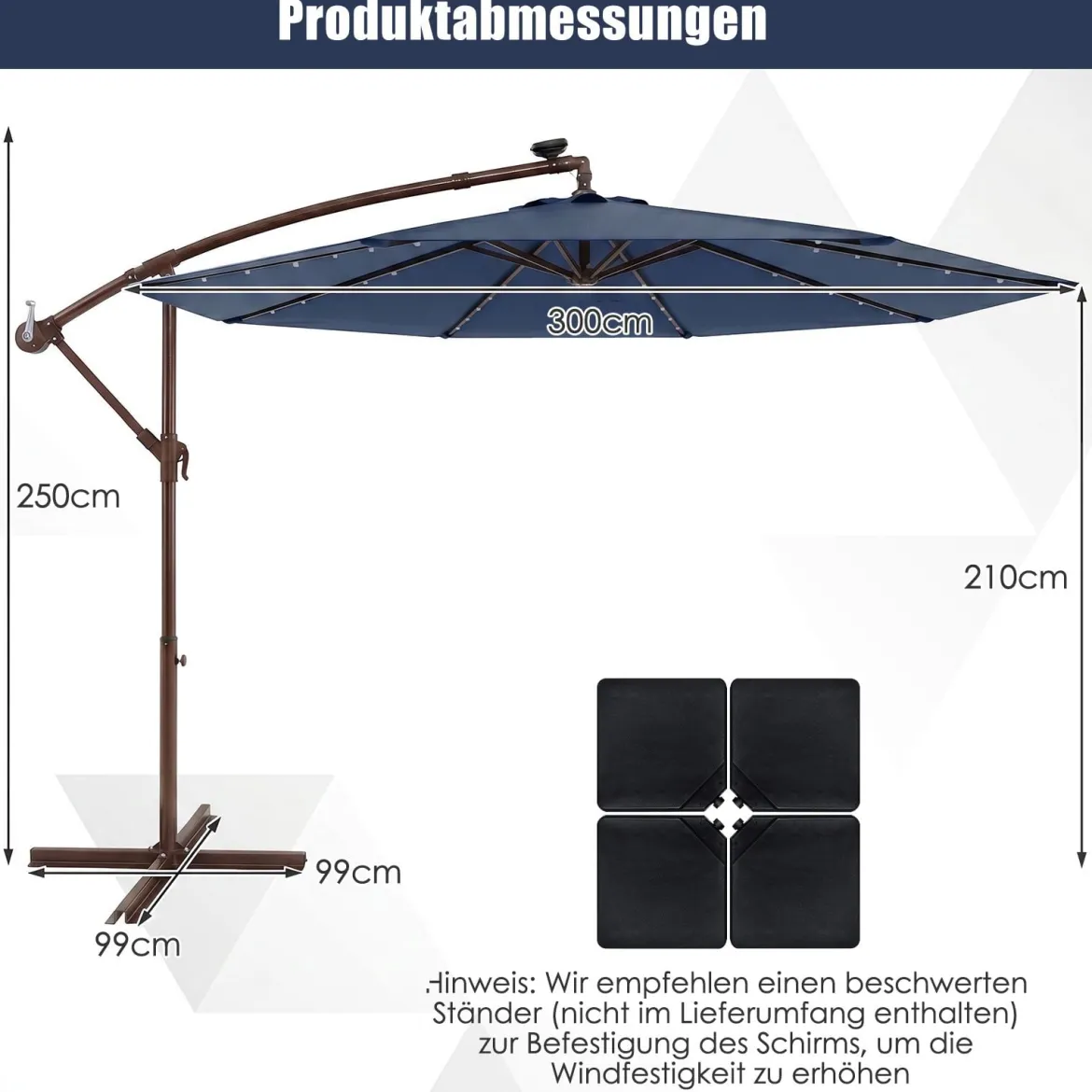 Sonnenschirm mit 40 Solar-LED-Leuchten & Kurbel Ampelschirm Gartenschirm Marktschirm