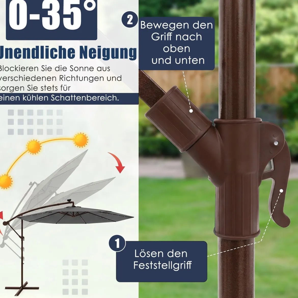 Sonnenschirm mit 40 Solar-LED-Leuchten & Kurbel Ampelschirm Gartenschirm Marktschirm