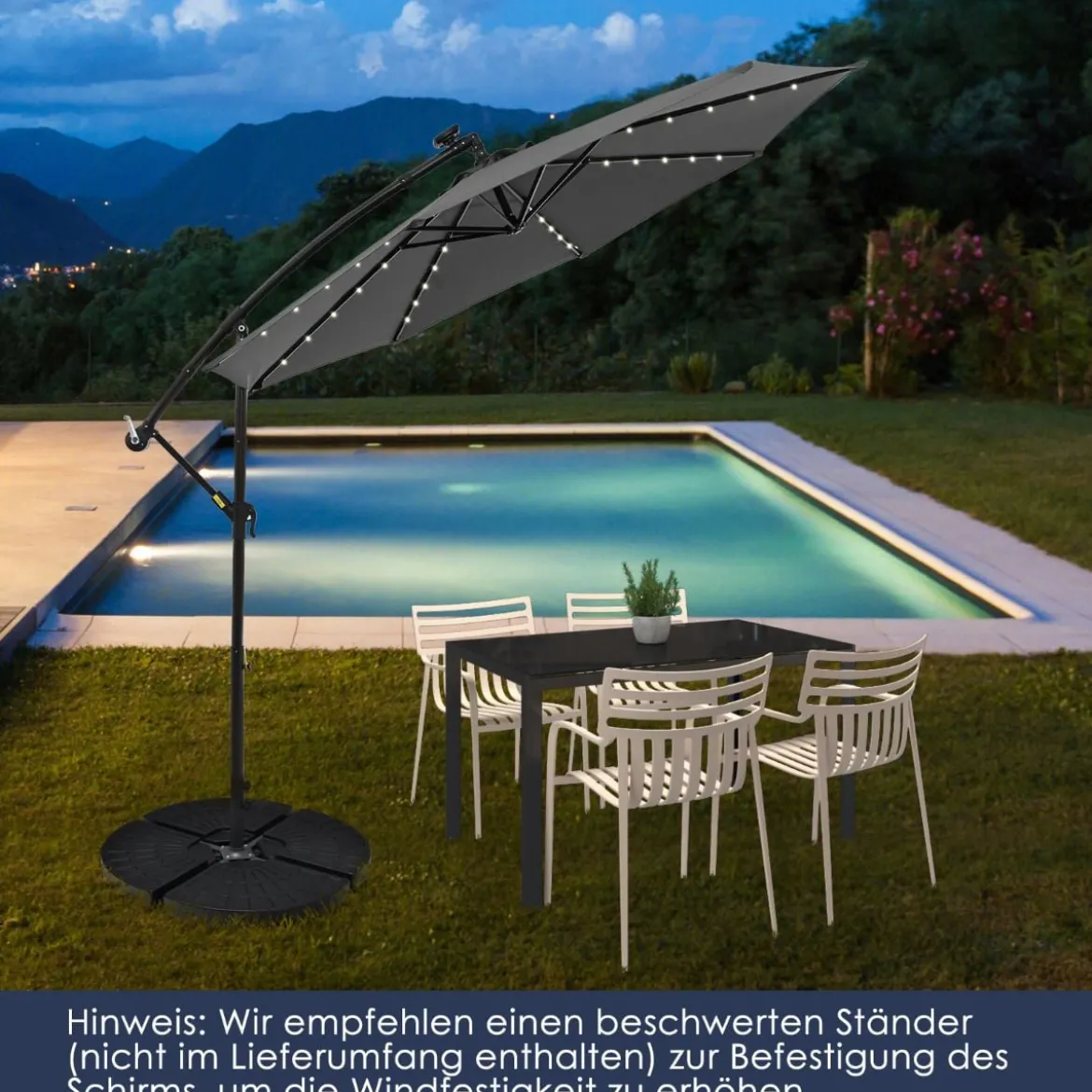 Sonnenschirm mit 40 Solar-LED-Leuchten & Kurbel Ampelschirm Gartenschirm Marktschirm