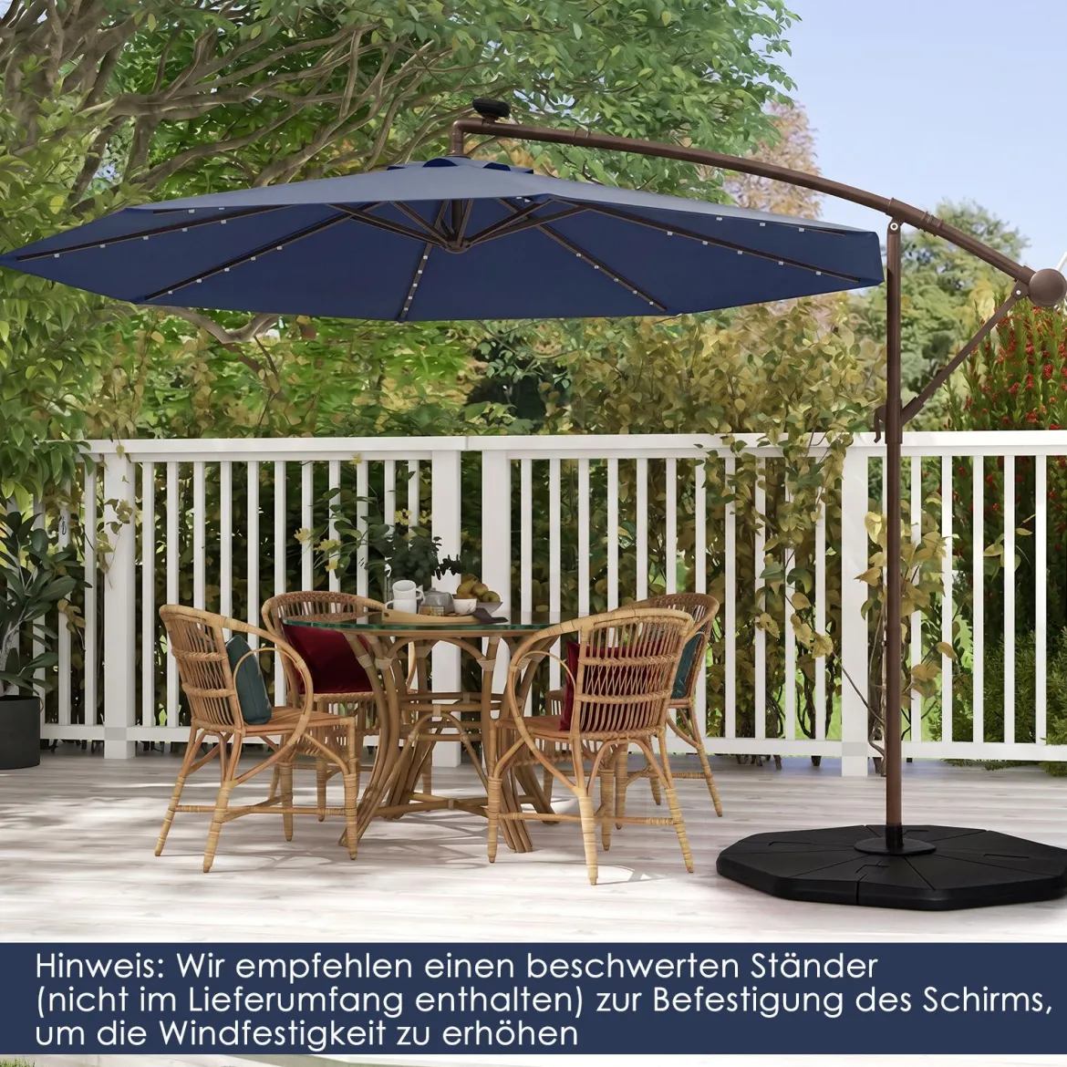 Sonnenschirm mit 40 Solar-LED-Leuchten & Kurbel Ampelschirm Gartenschirm Marktschirm