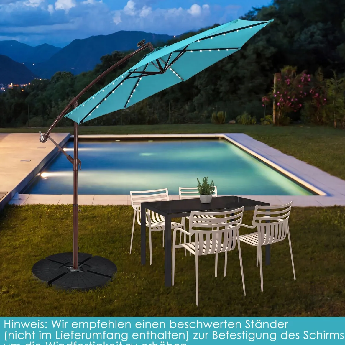 Sonnenschirm mit 40 Solar-LED-Leuchten & Kurbel Ampelschirm Gartenschirm Marktschirm
