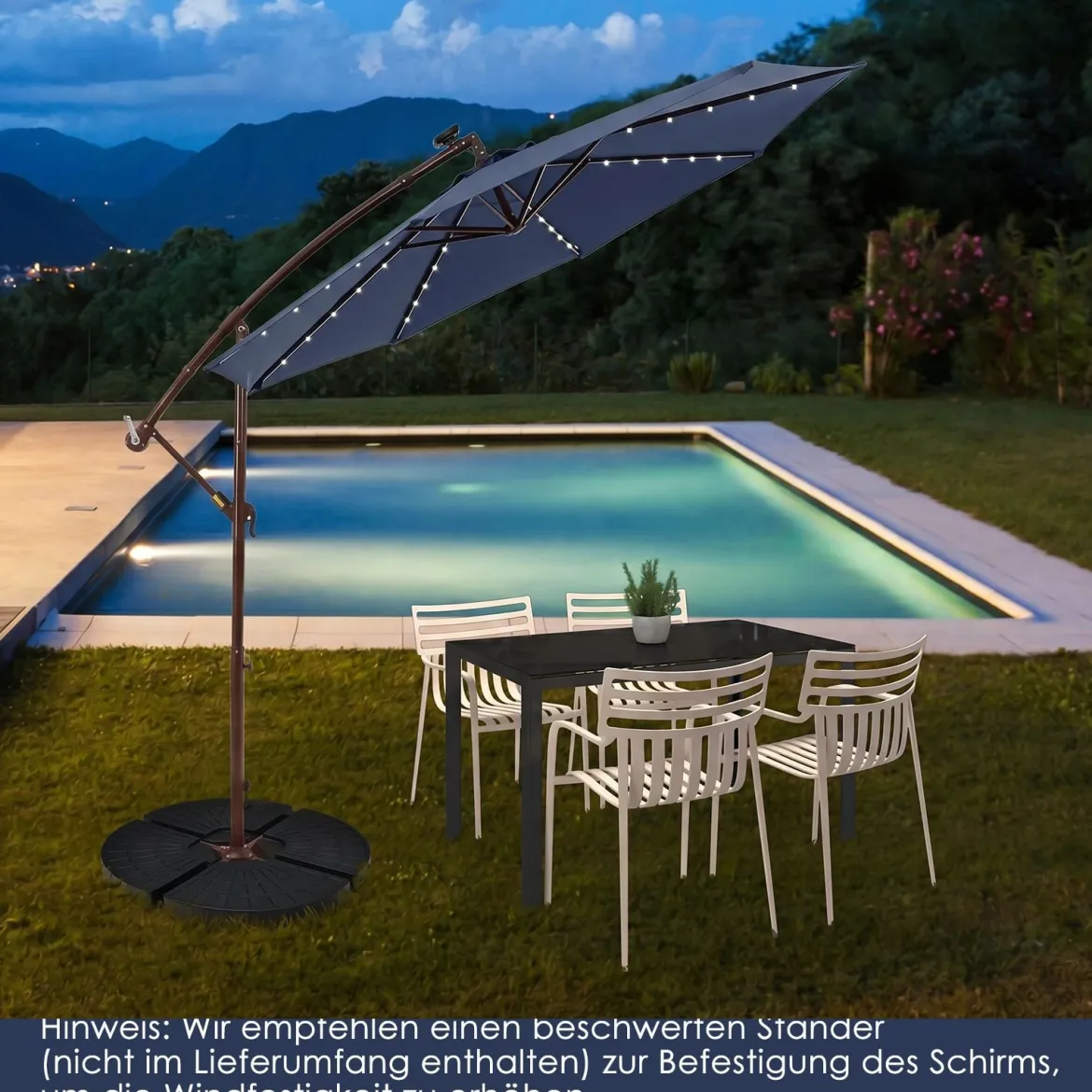 Sonnenschirm mit 40 Solar-LED-Leuchten & Kurbel Ampelschirm Gartenschirm Marktschirm