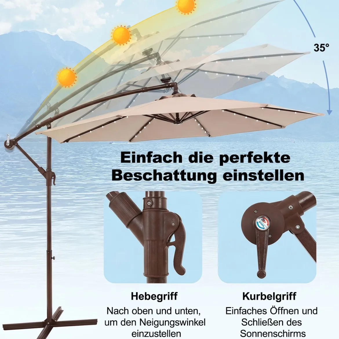 Sonnenschirm mit 40 Solar-LED-Leuchten & Kurbel Ampelschirm Gartenschirm Marktschirm