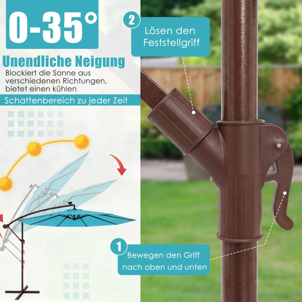 Sonnenschirm mit 40 Solar-LED-Leuchten & Kurbel Ampelschirm Gartenschirm Marktschirm