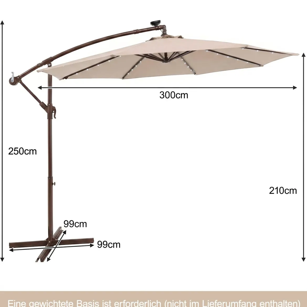 Sonnenschirm mit 40 Solar-LED-Leuchten & Kurbel Ampelschirm Gartenschirm Marktschirm