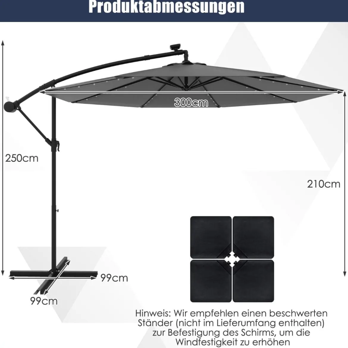 Sonnenschirm mit 40 Solar-LED-Leuchten & Kurbel Ampelschirm Gartenschirm Marktschirm