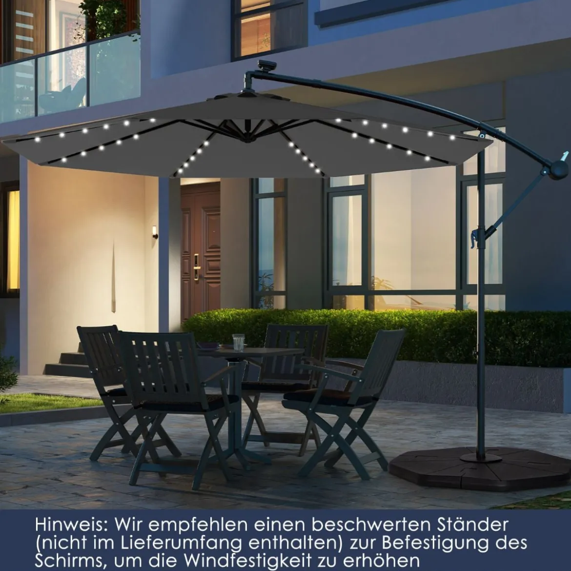 Sonnenschirm mit 40 Solar-LED-Leuchten & Kurbel Ampelschirm Gartenschirm Marktschirm