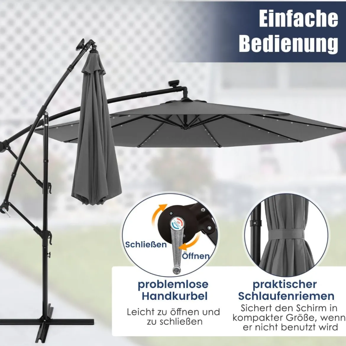Sonnenschirm mit 40 Solar-LED-Leuchten & Kurbel Ampelschirm Gartenschirm Marktschirm