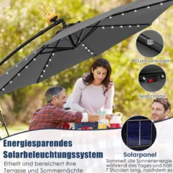 Sonnenschirm mit 40 Solar-LED-Leuchten & Kurbel Ampelschirm Gartenschirm Marktschirm