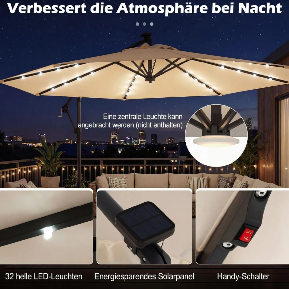 Sonnenschirm mit Ständer & LED-Leuchten & Kurbel 360° Drehbar Ampelschirm Marktschirm