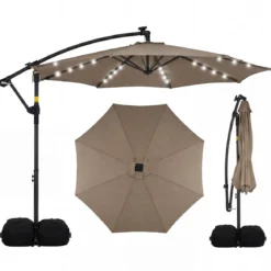 Sonnenschirm mit Ständer & LED-Leuchten & Kurbel 360° Drehbar Ampelschirm Marktschirm