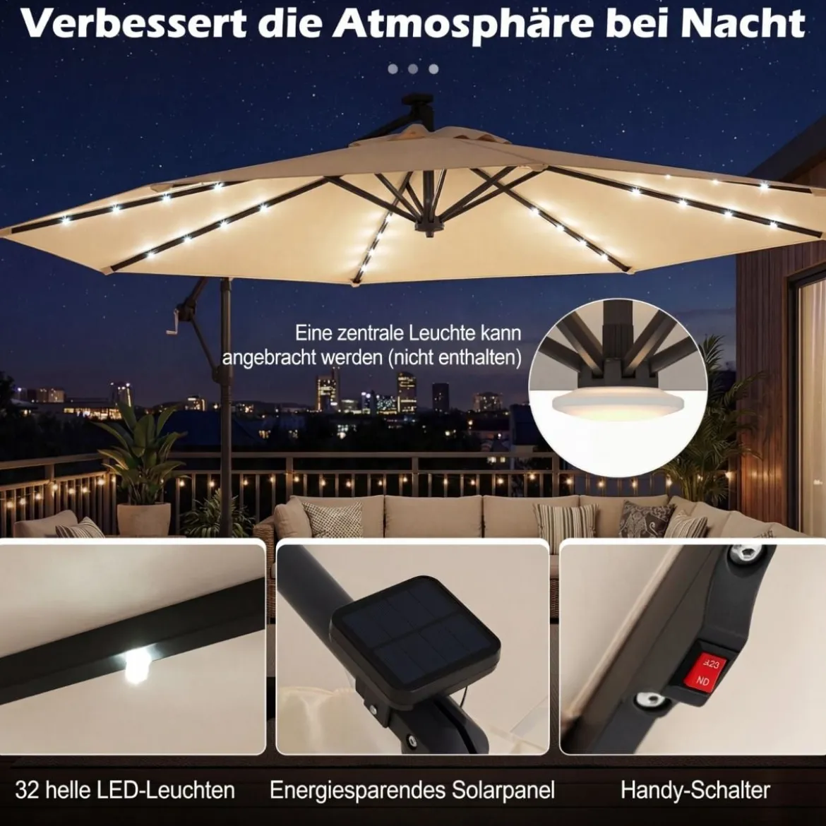 Sonnenschirm mit Ständer & LED-Leuchten & Kurbel 360° Drehbar Ampelschirm Marktschirm
