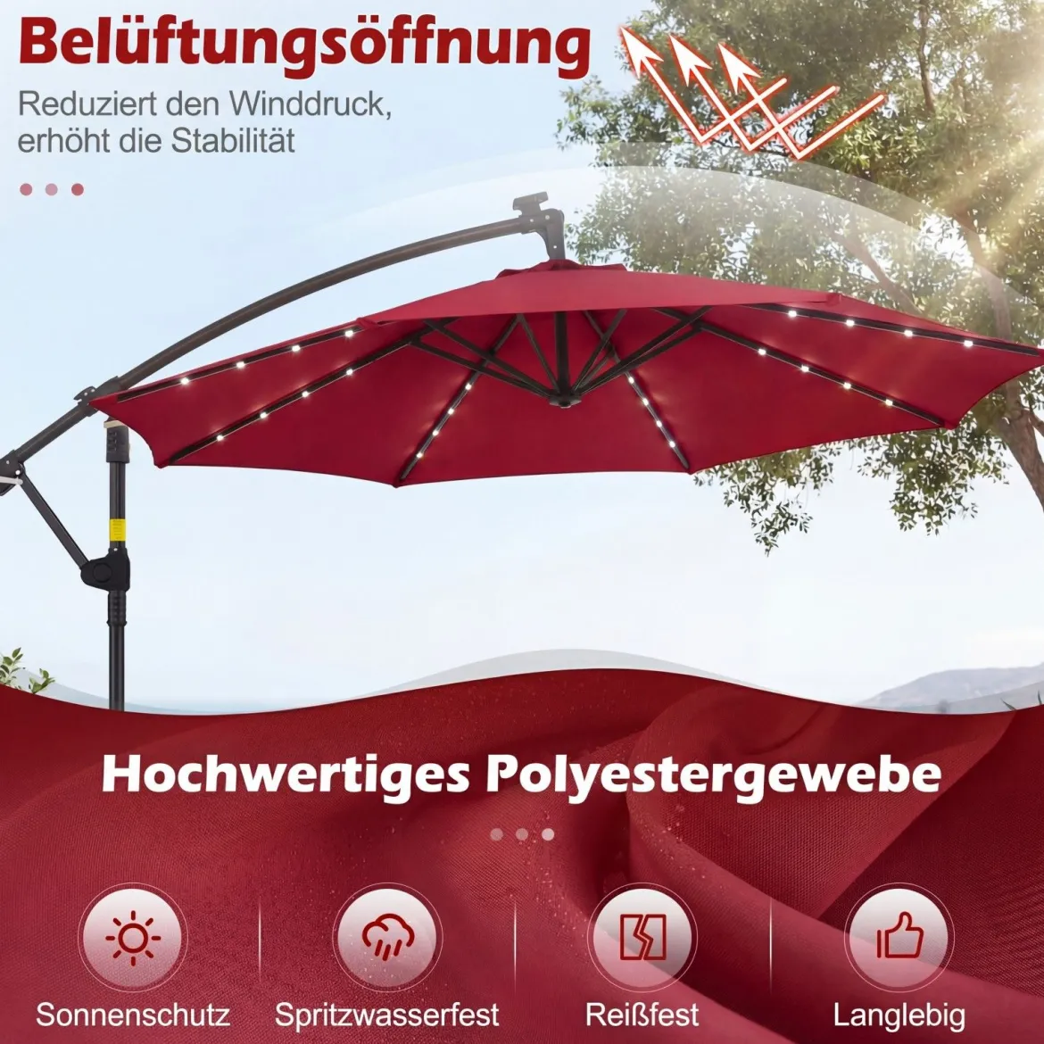 Sonnenschirm mit Ständer & LED-Leuchten & Kurbel 360° Drehbar Ampelschirm Marktschirm