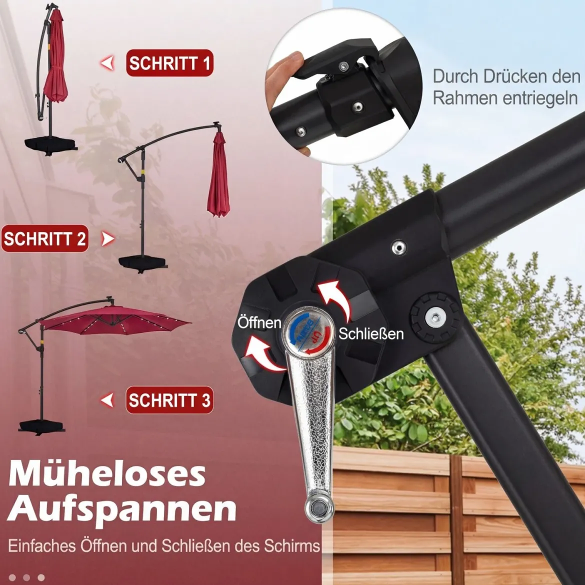 Sonnenschirm mit Ständer & LED-Leuchten & Kurbel 360° Drehbar Ampelschirm Marktschirm