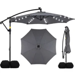 Sonnenschirm mit Ständer & LED-Leuchten & Kurbel 360° Drehbar Ampelschirm Marktschirm
