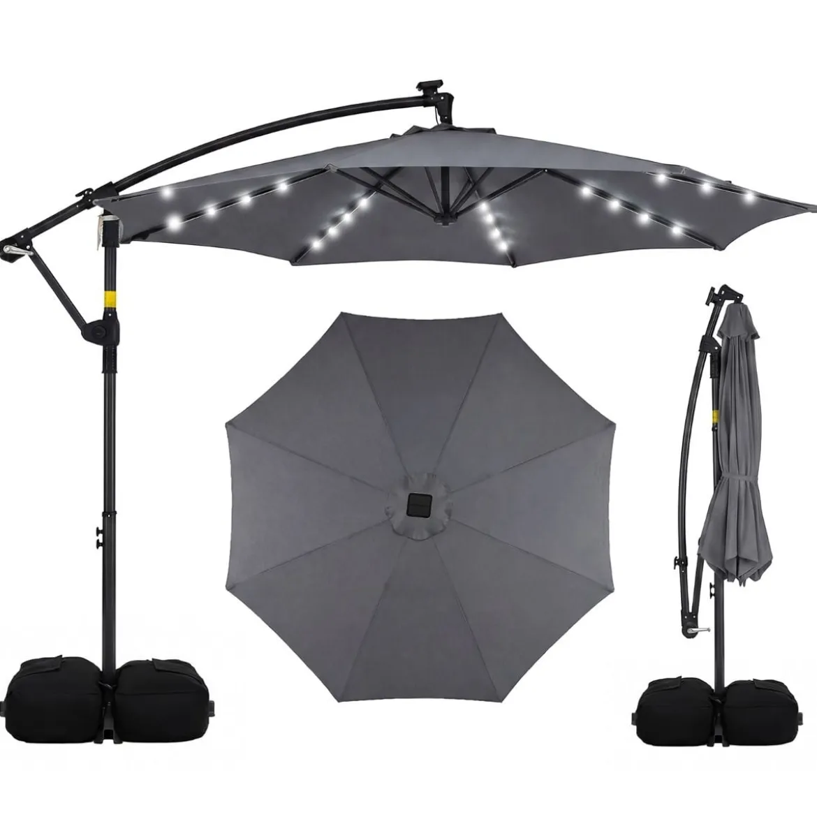 Sonnenschirm mit Ständer & LED-Leuchten & Kurbel 360° Drehbar Ampelschirm Marktschirm