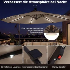 Sonnenschirm mit Ständer & LED-Leuchten & Kurbel 360° Drehbar Ampelschirm Marktschirm