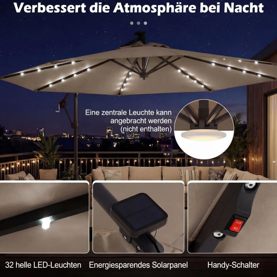 Sonnenschirm mit Ständer & LED-Leuchten & Kurbel 360° Drehbar Ampelschirm Marktschirm