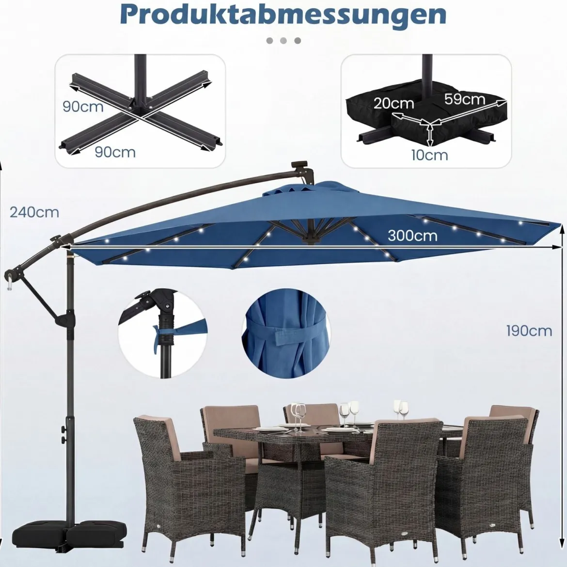 Sonnenschirm mit Ständer & LED-Leuchten & Kurbel 360° Drehbar Ampelschirm Marktschirm
