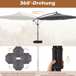 Sonnenschirm mit Ständer & LED-Leuchten & Kurbel 360° Drehbar Ampelschirm Marktschirm