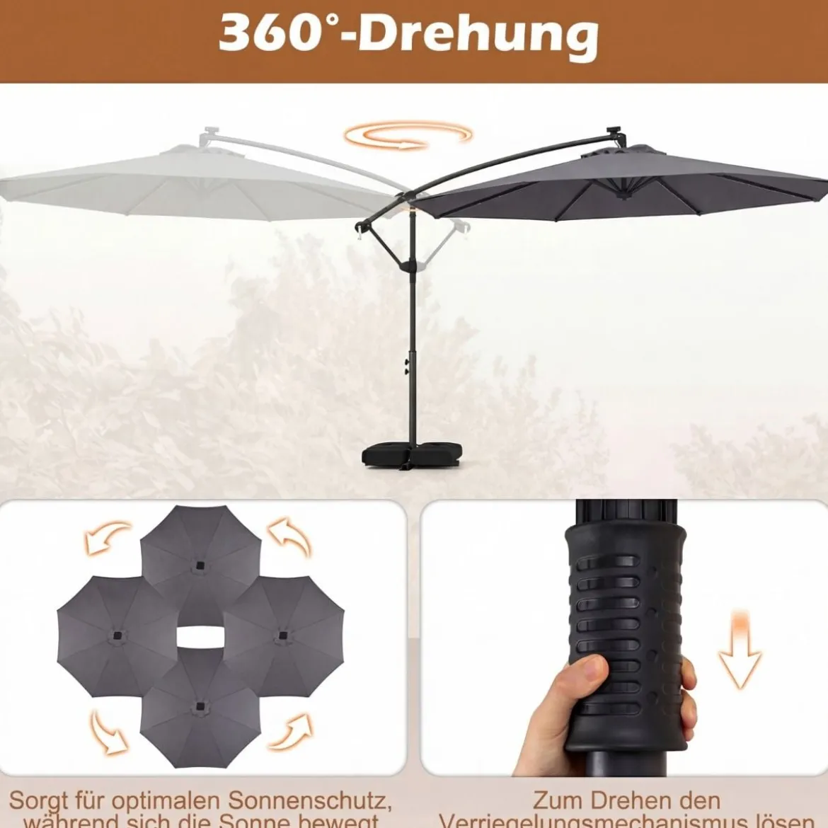 Sonnenschirm mit Ständer & LED-Leuchten & Kurbel 360° Drehbar Ampelschirm Marktschirm