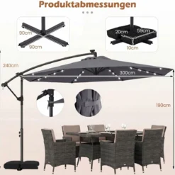 Sonnenschirm mit Ständer & LED-Leuchten & Kurbel 360° Drehbar Ampelschirm Marktschirm