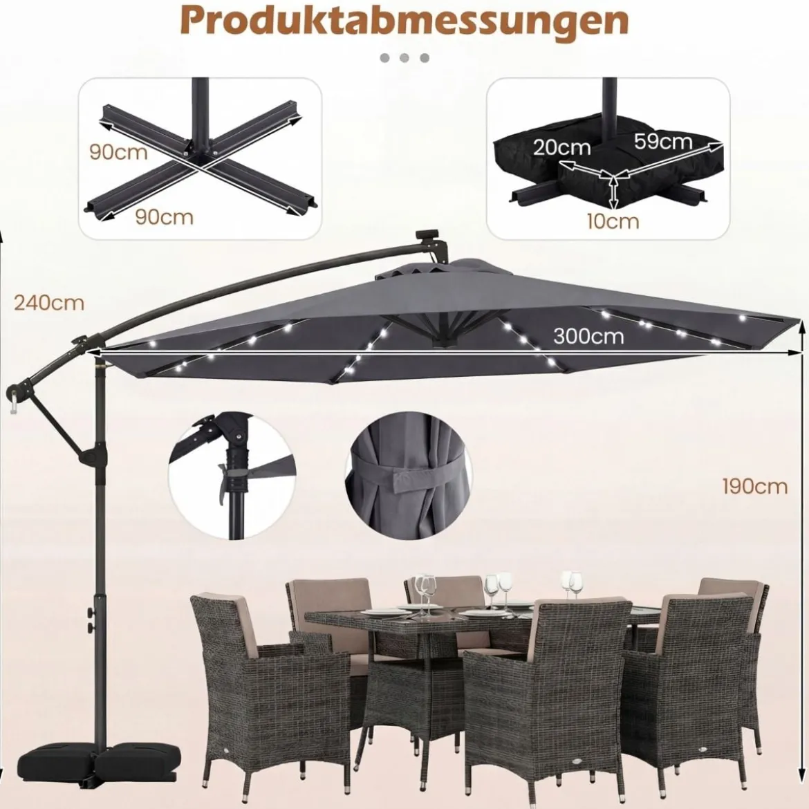 Sonnenschirm mit Ständer & LED-Leuchten & Kurbel 360° Drehbar Ampelschirm Marktschirm
