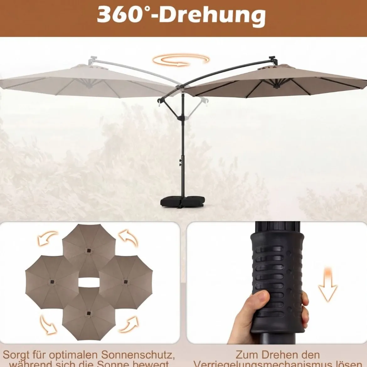 Sonnenschirm mit Ständer & LED-Leuchten & Kurbel 360° Drehbar Ampelschirm Marktschirm