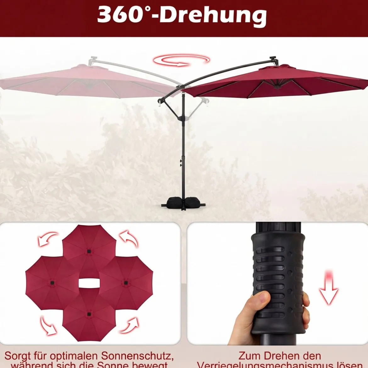 Sonnenschirm mit Ständer & LED-Leuchten & Kurbel 360° Drehbar Ampelschirm Marktschirm