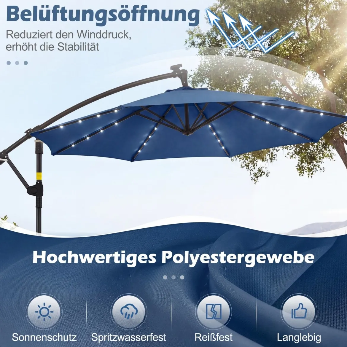 Sonnenschirm mit Ständer & LED-Leuchten & Kurbel 360° Drehbar Ampelschirm Marktschirm