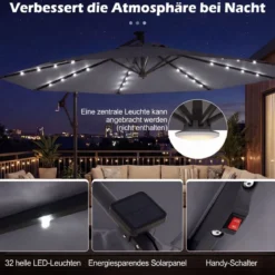 Sonnenschirm mit Ständer & LED-Leuchten & Kurbel 360° Drehbar Ampelschirm Marktschirm