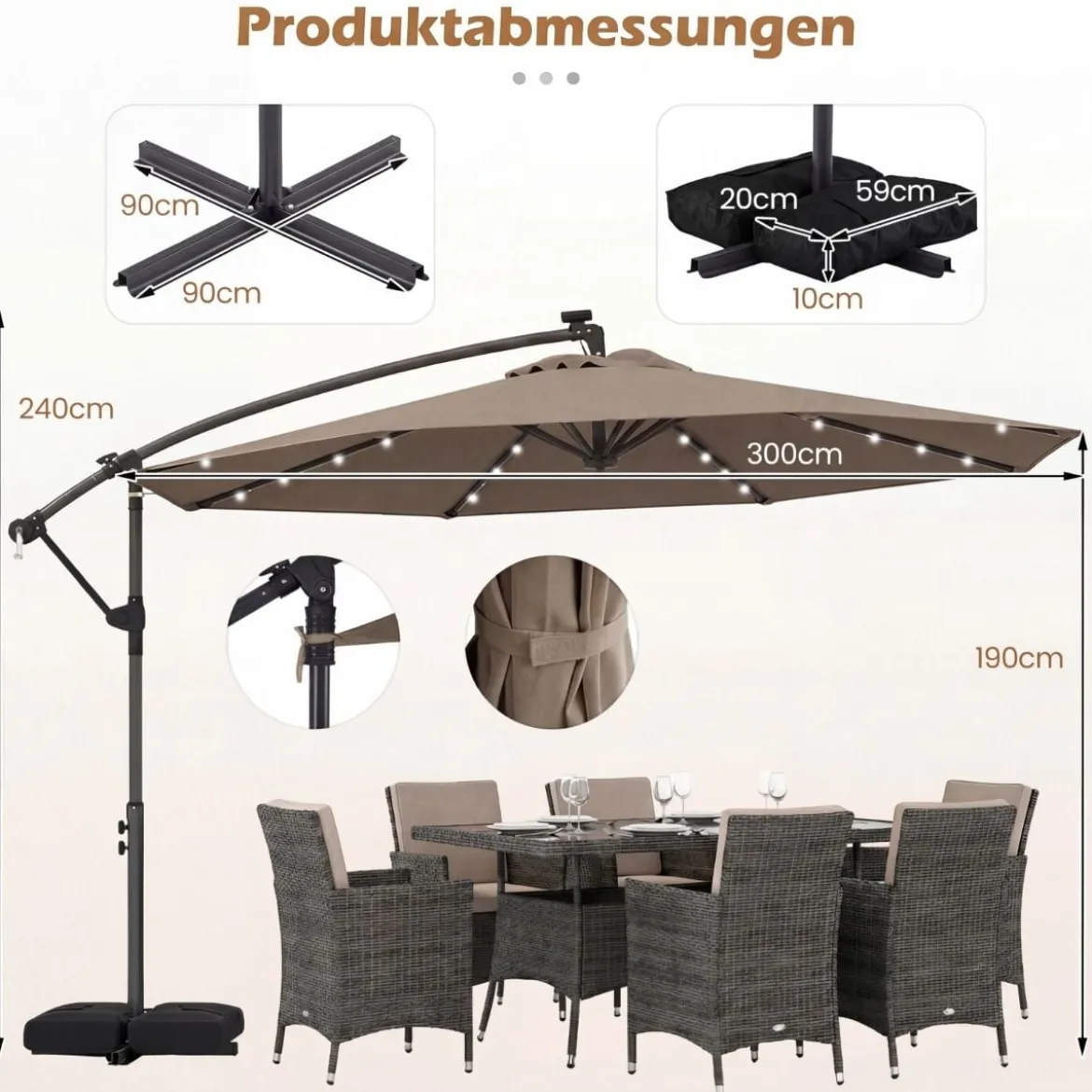 Sonnenschirm mit Ständer & LED-Leuchten & Kurbel 360° Drehbar Ampelschirm Marktschirm