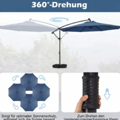 Sonnenschirm mit Ständer & LED-Leuchten & Kurbel 360° Drehbar Ampelschirm Marktschirm