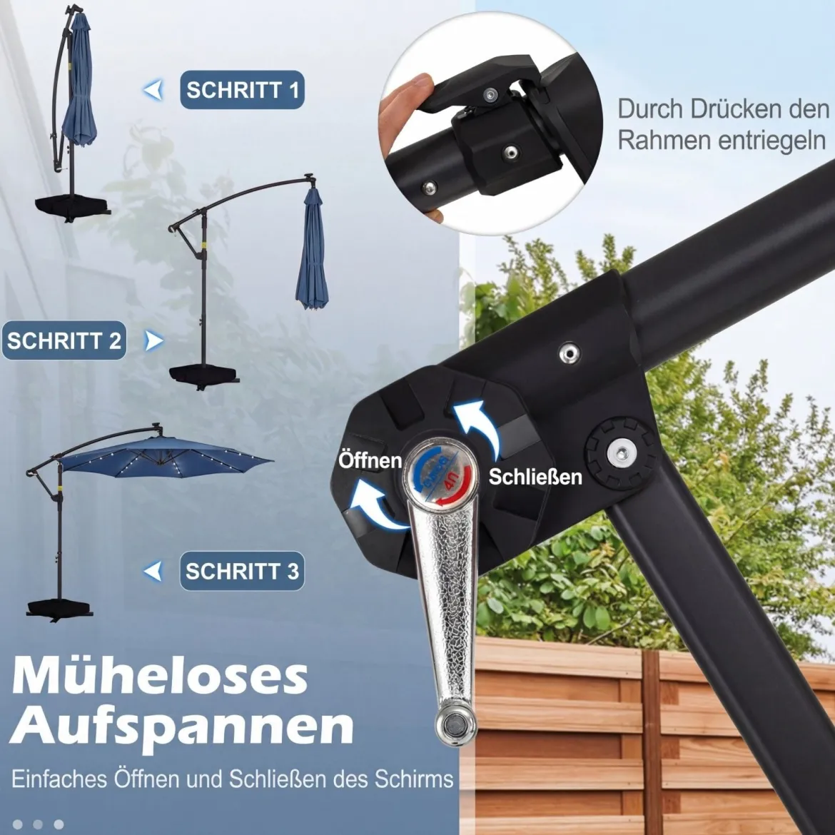 Sonnenschirm mit Ständer & LED-Leuchten & Kurbel 360° Drehbar Ampelschirm Marktschirm