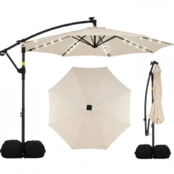 Sonnenschirm mit Ständer & LED-Leuchten & Kurbel 360° Drehbar Ampelschirm Marktschirm