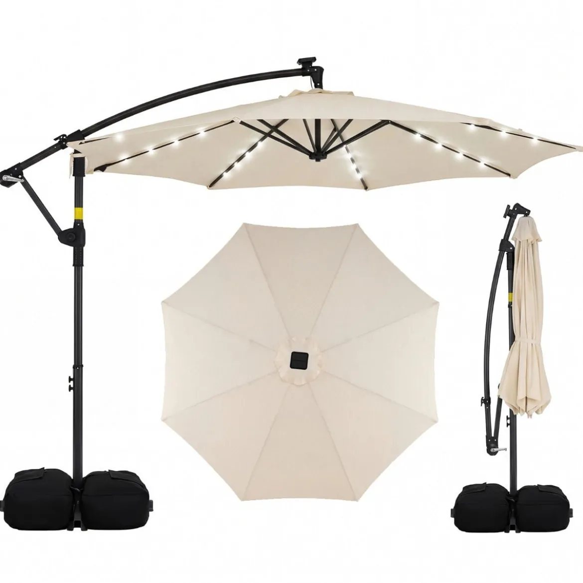 Sonnenschirm mit Ständer & LED-Leuchten & Kurbel 360° Drehbar Ampelschirm Marktschirm