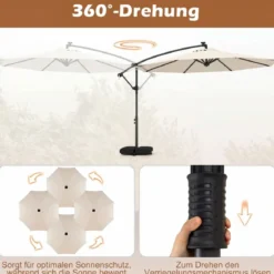 Sonnenschirm mit Ständer & LED-Leuchten & Kurbel 360° Drehbar Ampelschirm Marktschirm