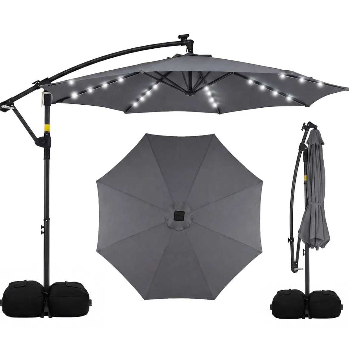 Sonnenschirm mit Ständer & LED-Leuchten & Kurbel 360° Drehbar Ampelschirm Marktschirm